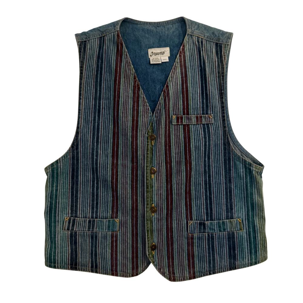 90s Multicolor Stripe Vest Small Denim Boho Indie Button Hippie Western Festival - Picture 12 of 16